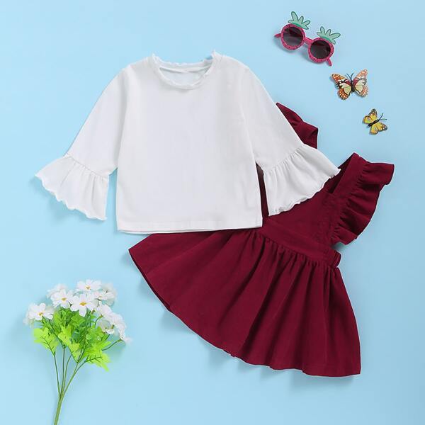 

Baby Girl Flounce Sleeve Tee With Ruffle Pinafore Dress, Multicolor