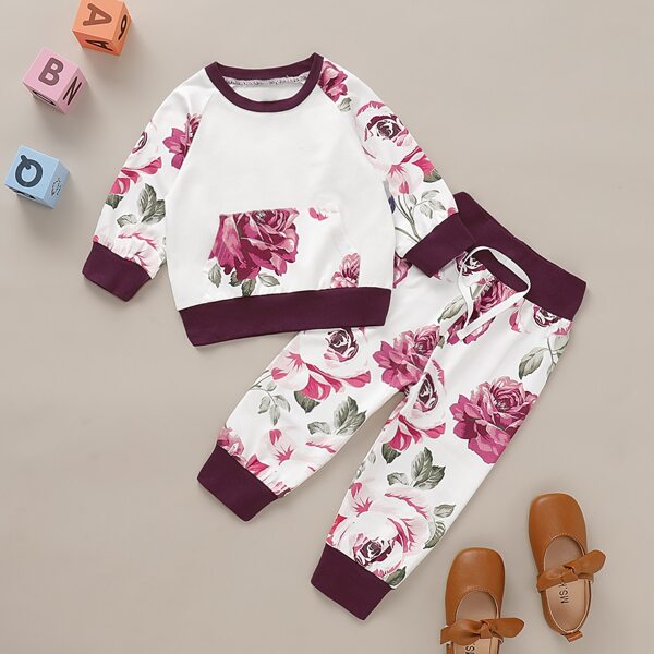 

Baby Girl Contrast Panel Floral Sweatshirt With Pants, Multicolor