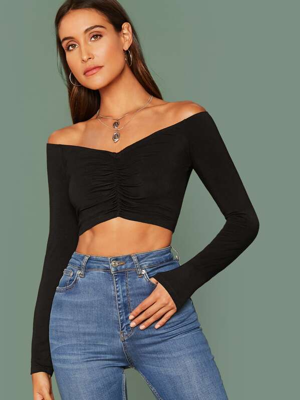 

Off Shoulder Ruched Crop Tee, Black, Anna Herrin