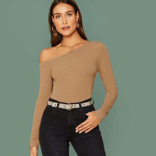 

Asymmetrical Neck Solid Tee, Camel