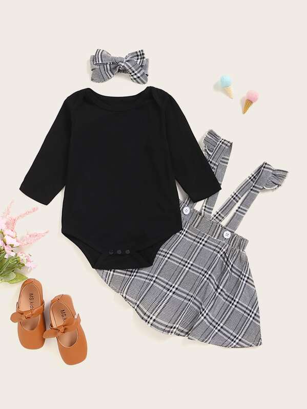 

Baby Girl Solid Popper Romper & Plaid Pinafore Skirt & Headband, Multicolor