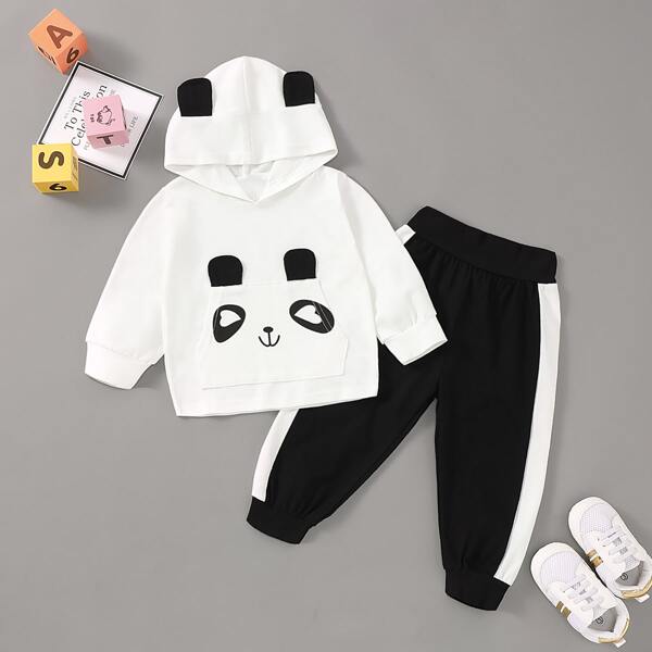 

Baby Boy Panda Graphic 3D Ears Design Hoodie With Joggers, Black and white