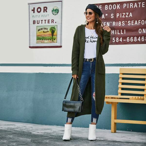

Solid Dual Pocket Hooded Longline Cardigan, Green