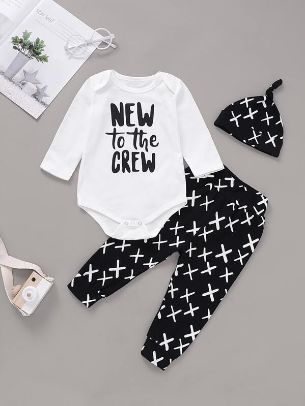 

Baby Boy Slogan Graphic Popper Romper & Pants & Hat, Black and white
