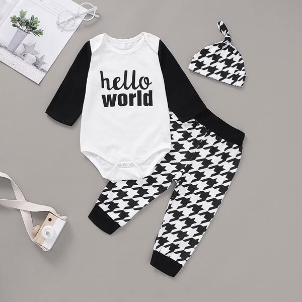 

Baby Boy Contrast Sleeve Letter Romper & Houndstooth Pants & Hat, Black and white