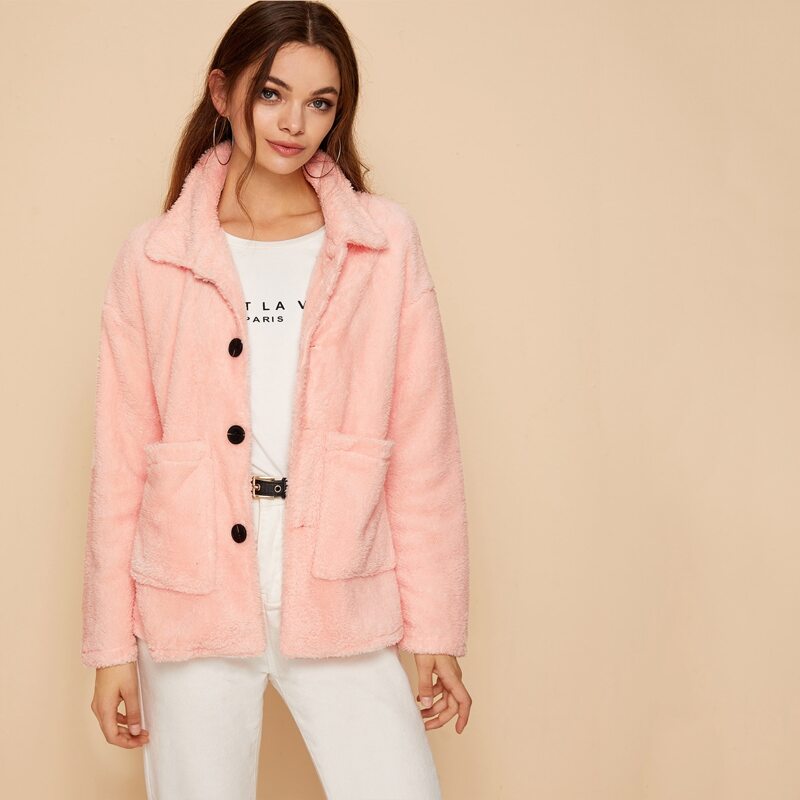 

Dual Pocket Button-up Teddy Coat, Pink