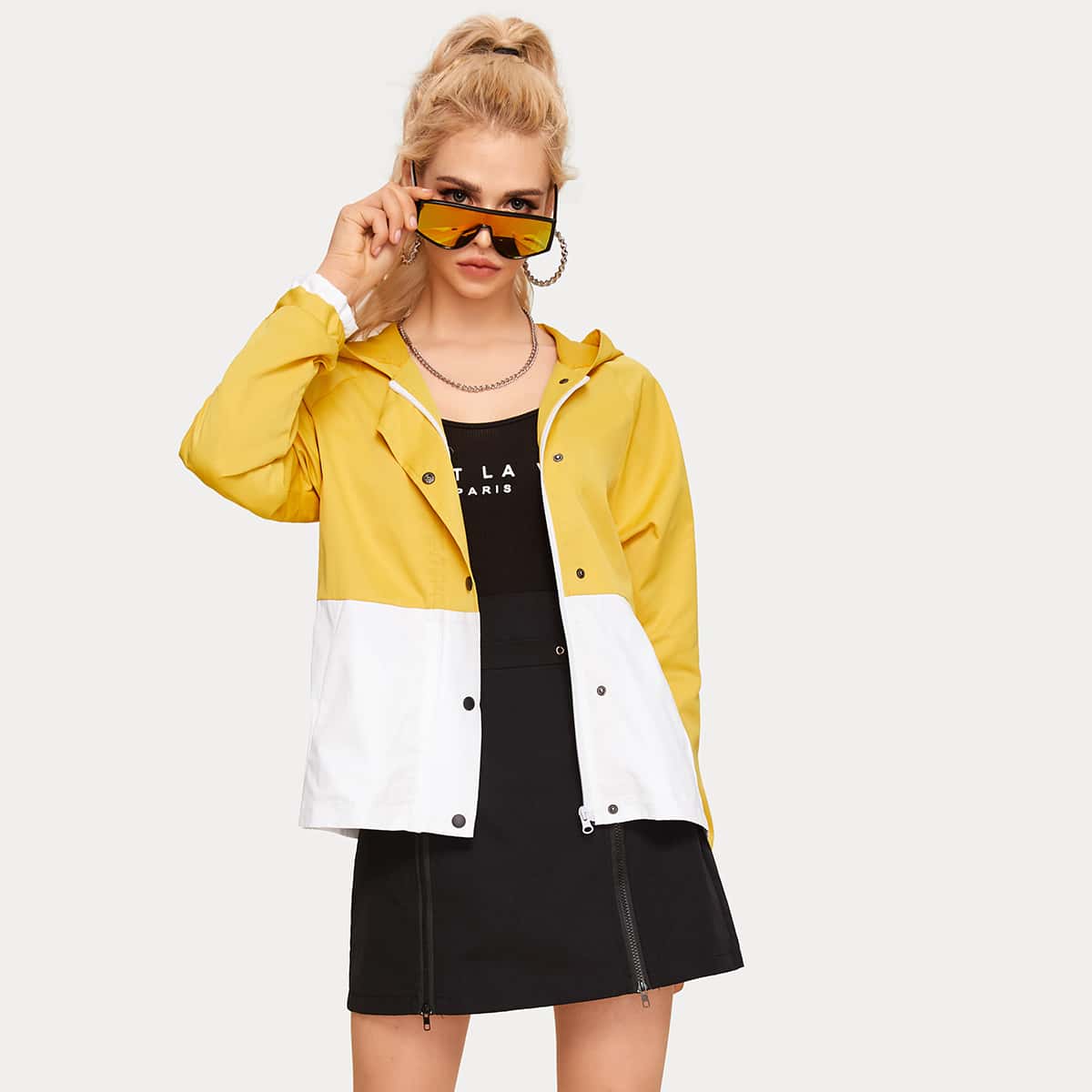 

Two Tone Zip-up Hooded Coat, Multicolor
