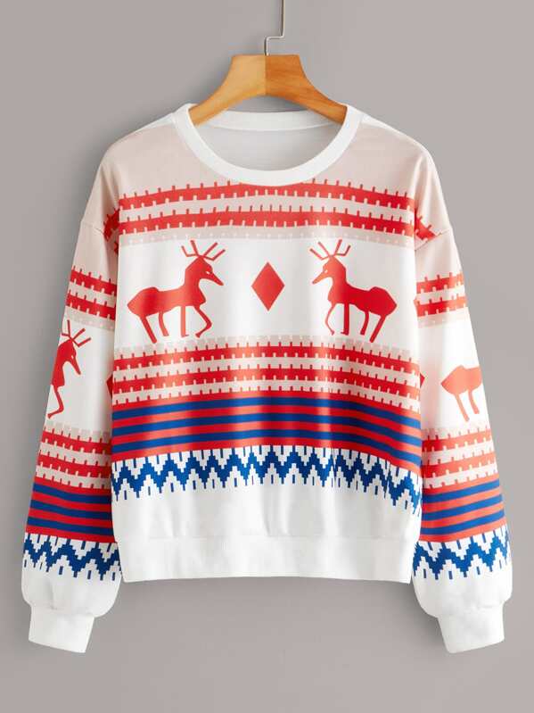 

Christmas Print Round Neck Sweatshirt, Multicolor