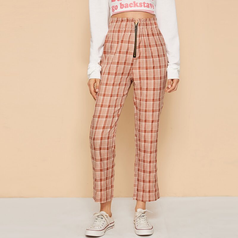 

Plaid Zip Front Straight Leg Pants, Nude