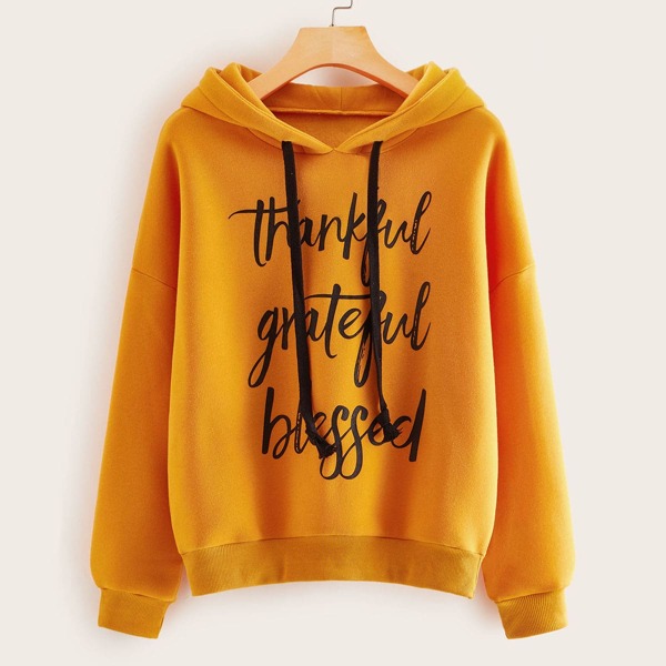 

Letter Graphic Drawstring Hooded Sweatshirt, Yellow