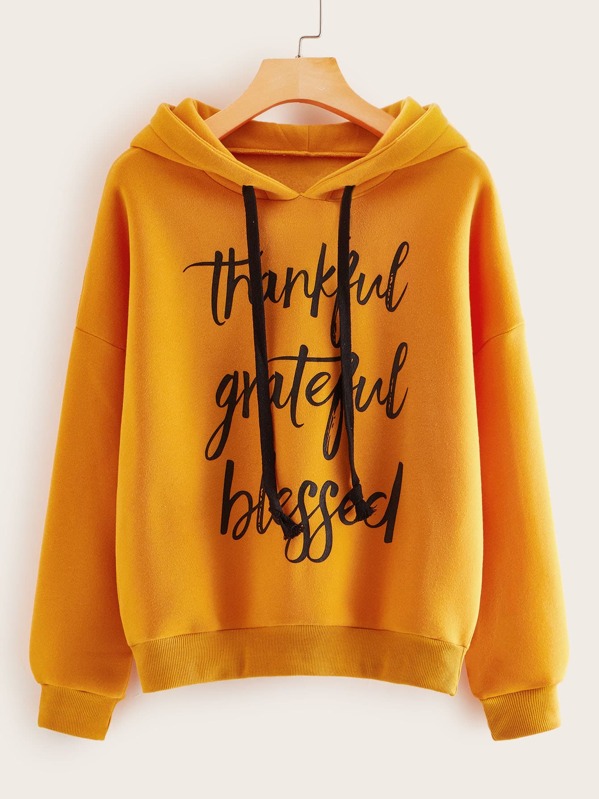 

Letter Graphic Drawstring Hooded Sweatshirt, Yellow