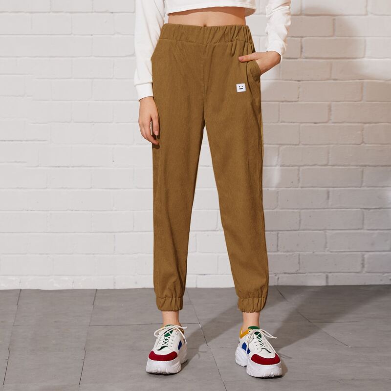 

Patched Slant Pocket Corduroy Sweatpants, Khaki
