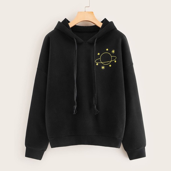 

Celestial Body Print Drawstring Hoodie, Black