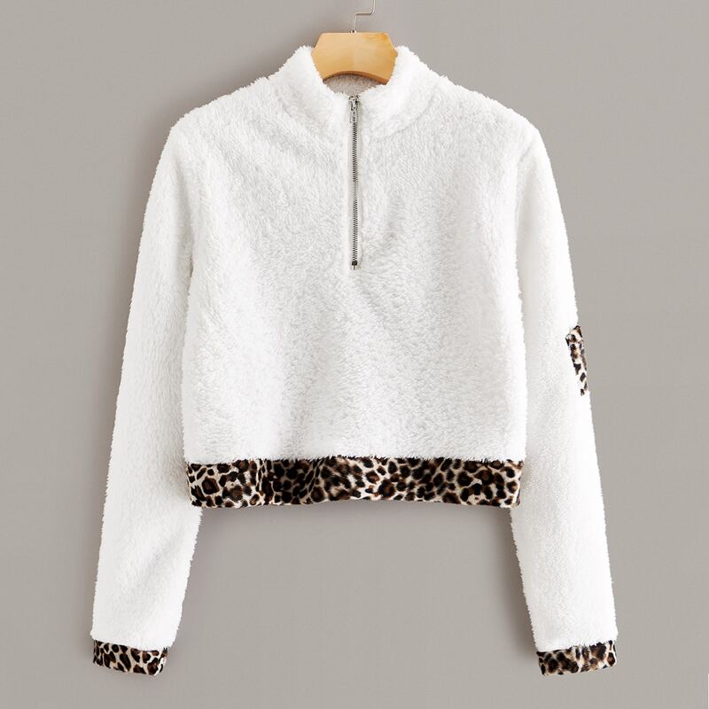 

Contrast Leopard Trim Half Zip Teddy Sweatshirt, White