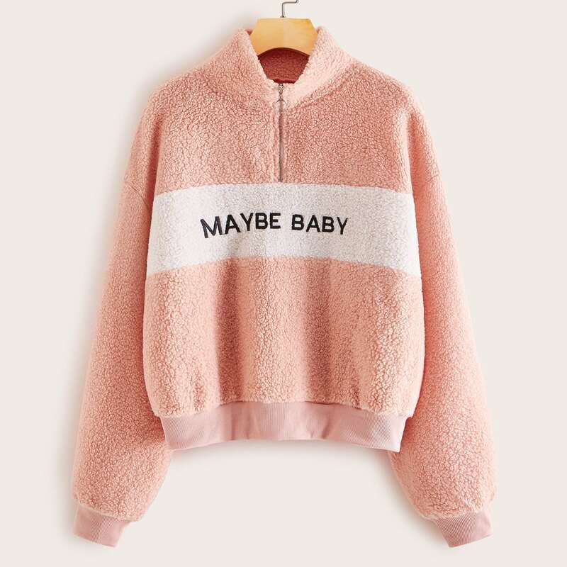 

Letter Embroidery Half Zip Teddy Sweatshirt, Pink