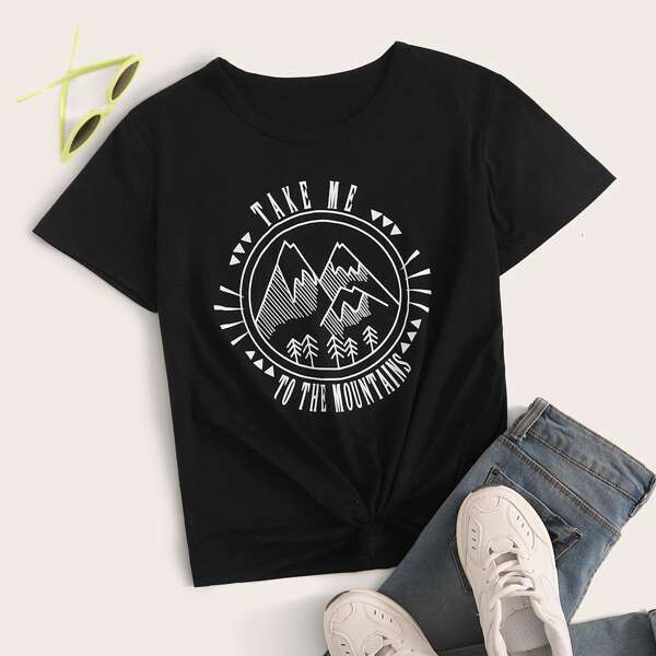 

Letter And Graphic Print Tee, Black