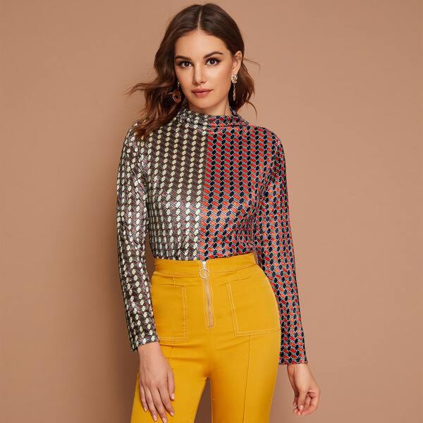 

Geo Print Color-Block Mock Neck Tee, Multicolor