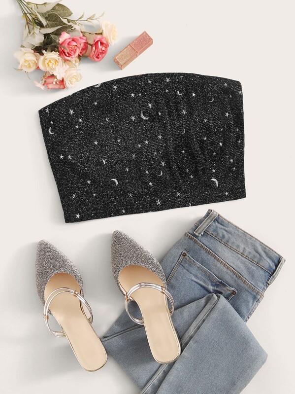 

Moon & Star Print Glitter Tube Top, Black