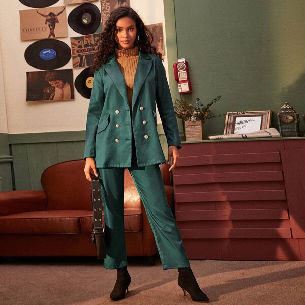 

Double Breasted Lapel Blazer & Pants, Green