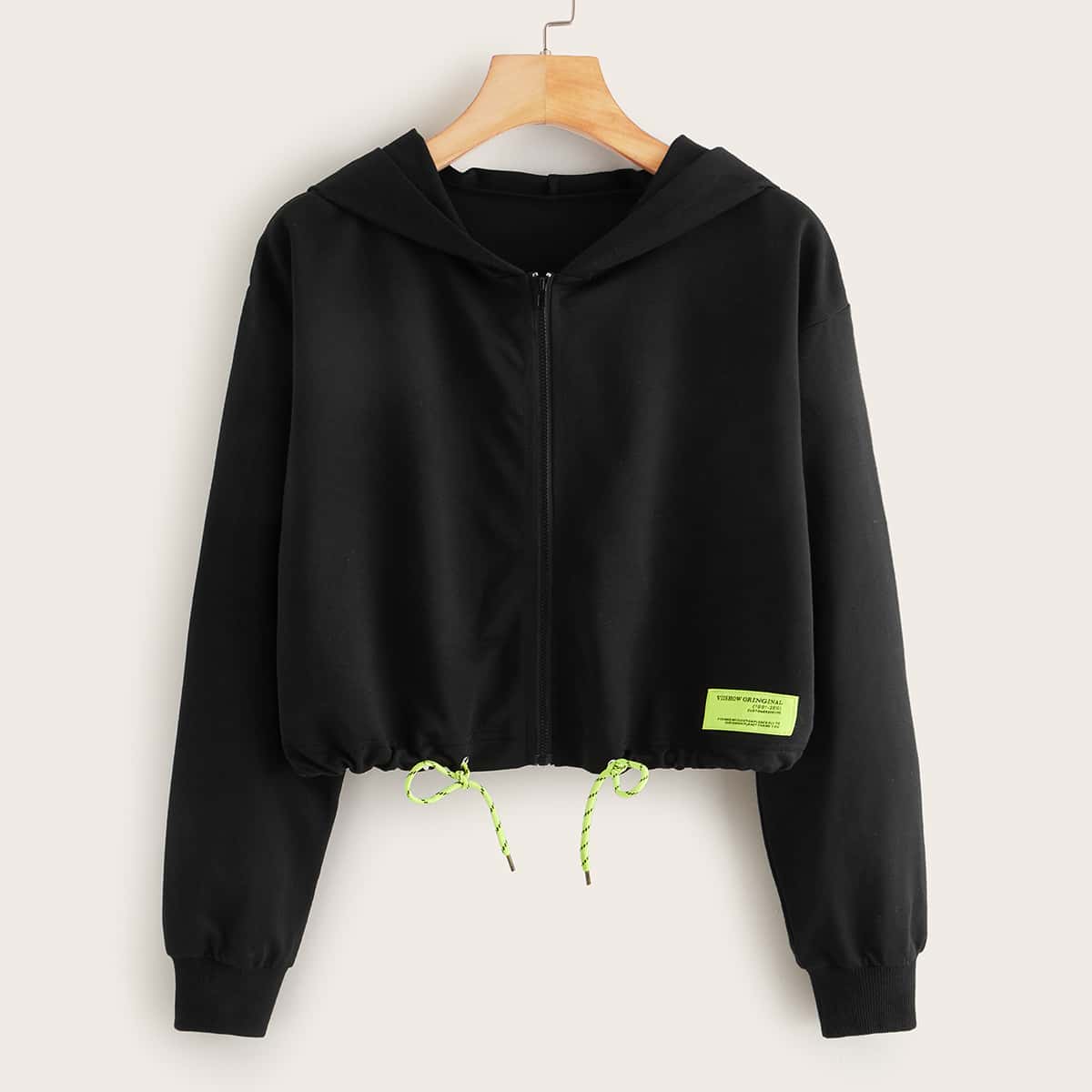 

Patched Drawstring Hem Zip-up Hoodie, Black