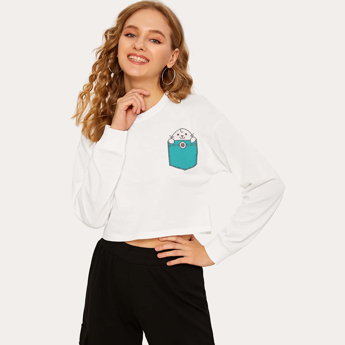 

Cartoon Graphic Drop Shoulder Crop Sweatshirt, White