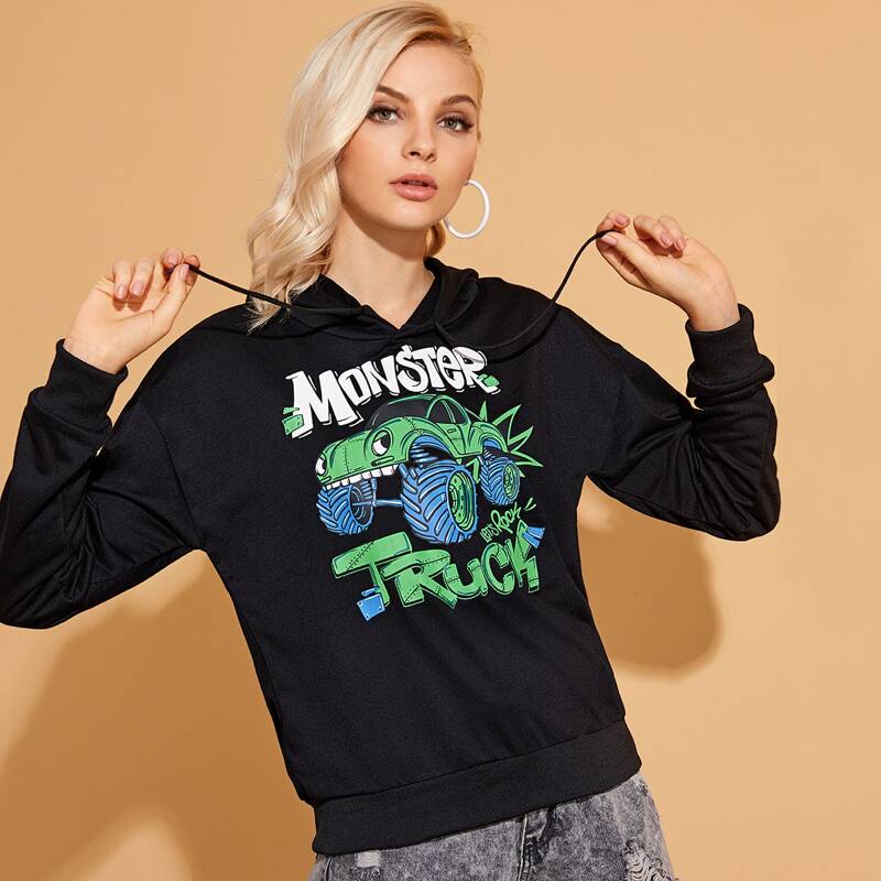 

Car & Letter Graphic Drawstring Hoodie, Black