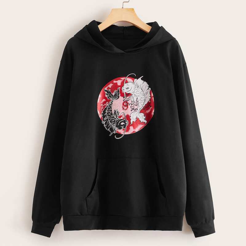 

Fish Print Kangaroo Pocket Hoodie, Black