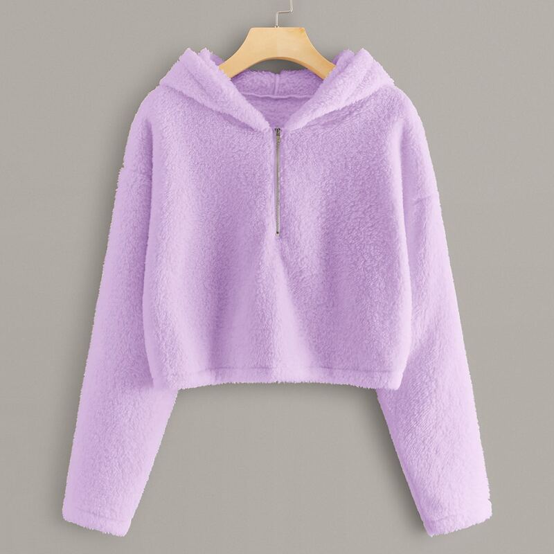 

Half Zip Drop Shoulder Solid Teddy Hoodie, Purple