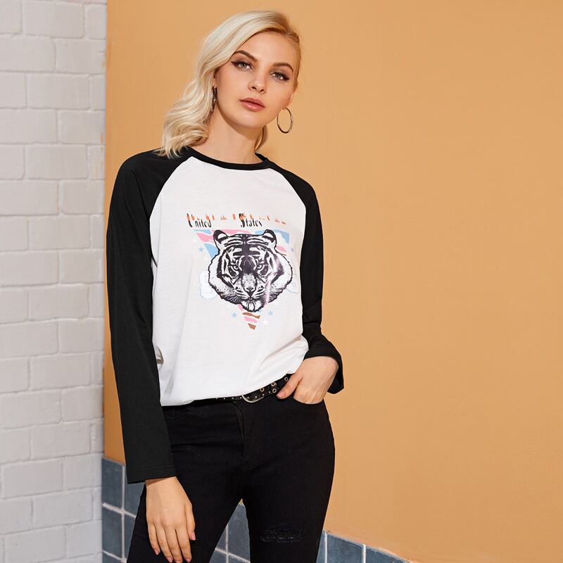 

Tiger Print Long Sleeve Baseball Tee, Black and white