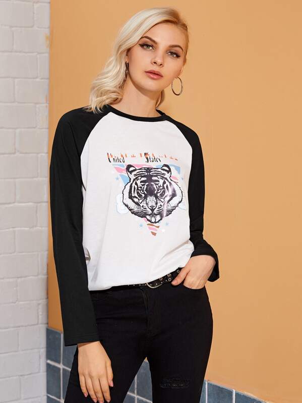 

Tiger Print Long Sleeve Baseball Tee, Black and white, Lef