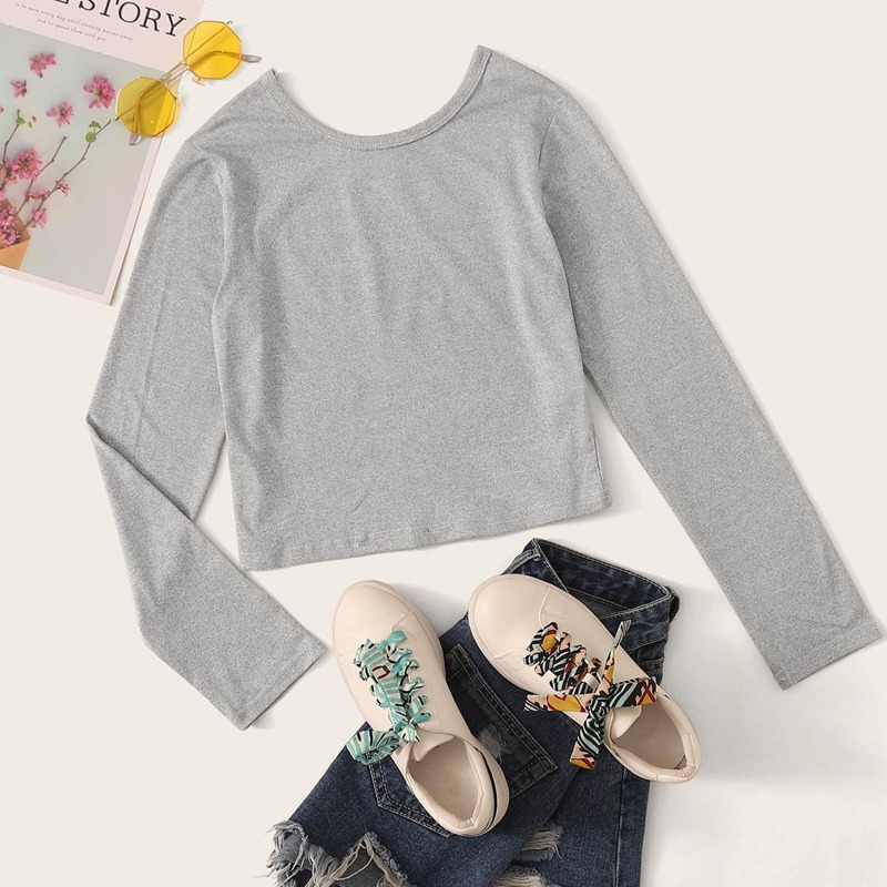 

Solid Long Sleeve Crop Tee, Grey