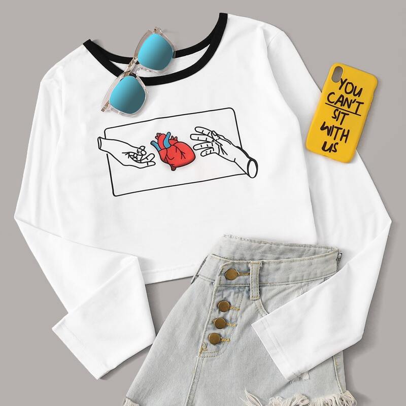 

Contrast Binding Hand & Heart Print Tee, White