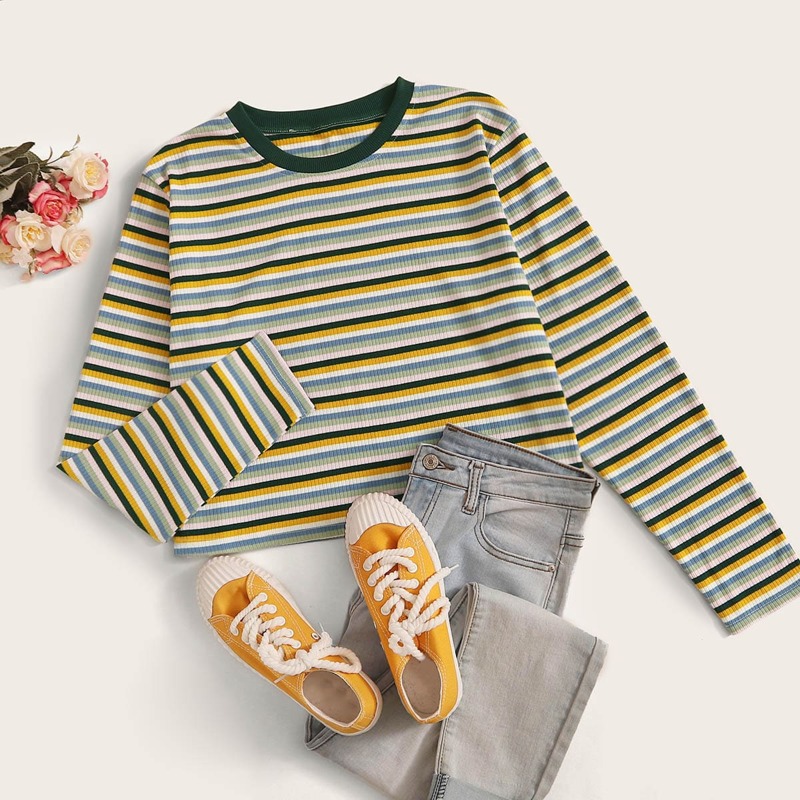 

Striped Long Sleeve Ribbed Crop Tee, Multicolor