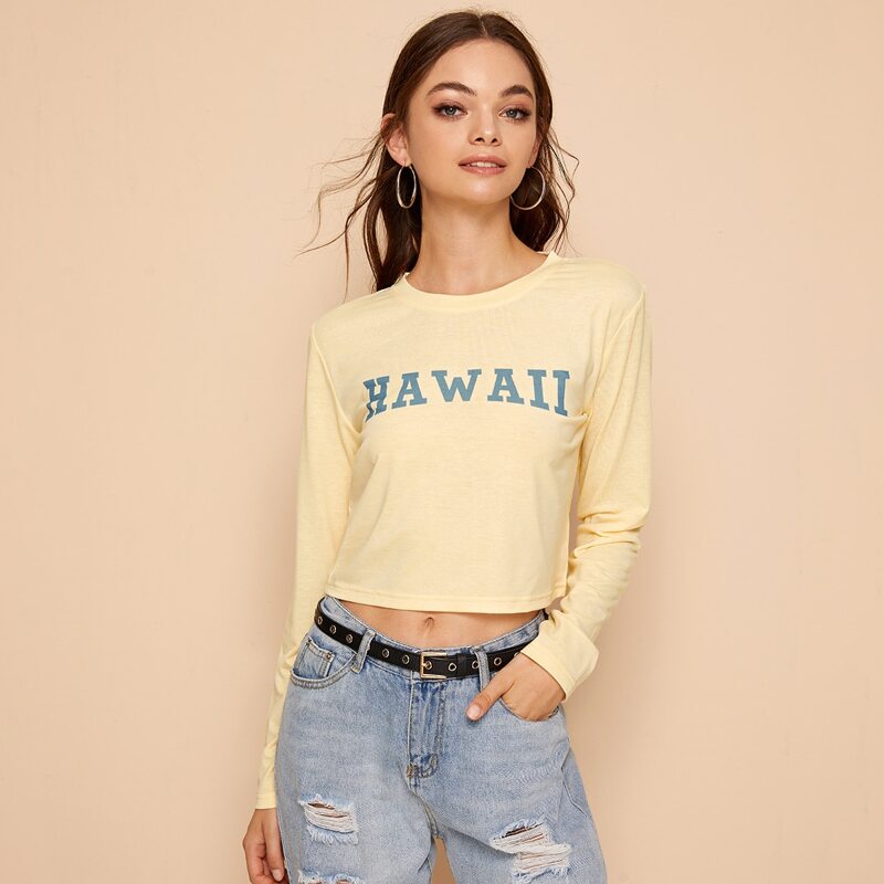 

Letter Graphic Long Sleeve Crop Tee, Yellow pastel