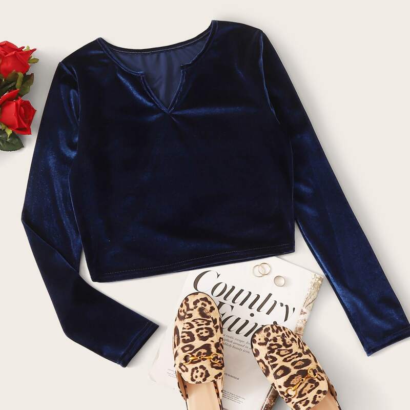 

Solid Notch Neck Velvet Tee, Navy