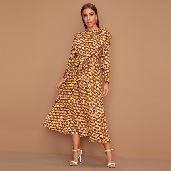

Allover Print Tie Shoulder Belted Dress, Multicolor