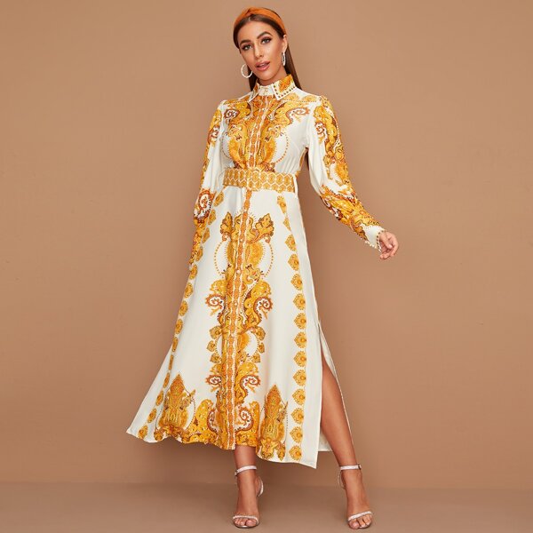 

Baroque Print Split Side Buckle Belted Dress, Multicolor