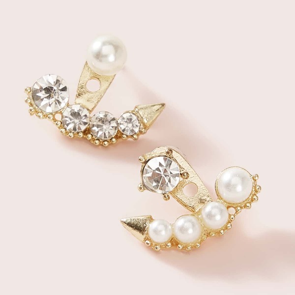 

1pair Rhinestone & Pearl Decor Ear Jacket, Gold