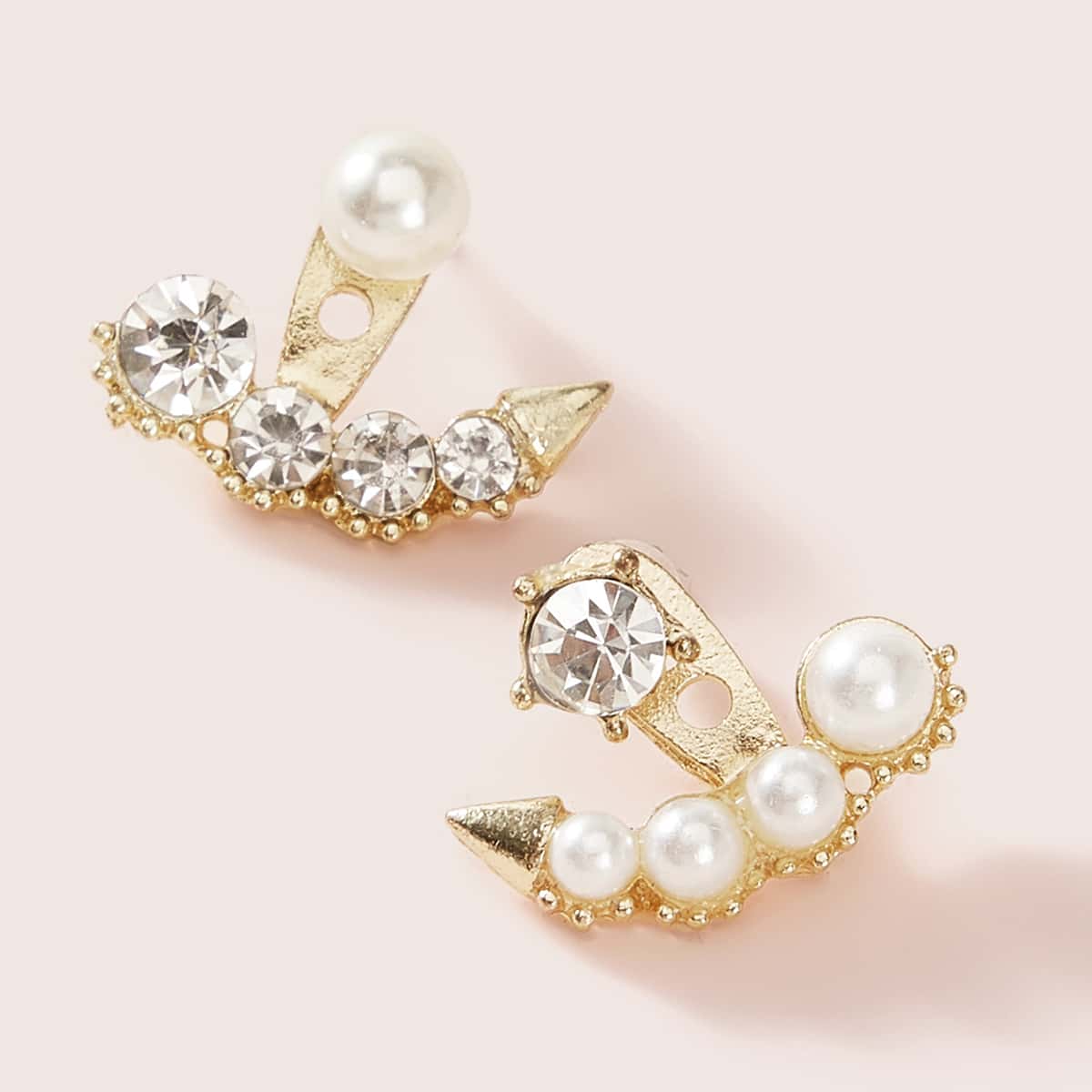

1pair Rhinestone & Pearl Decor Ear Jacket, Gold
