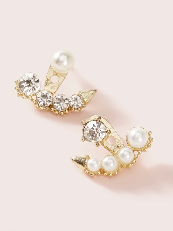 

1pair Rhinestone & Pearl Decor Ear Jacket, Gold
