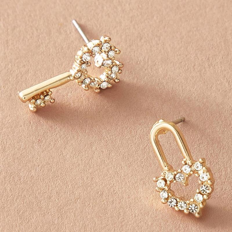 

1pair Rhinestone Decor Mismatched Stud Earrings, Gold