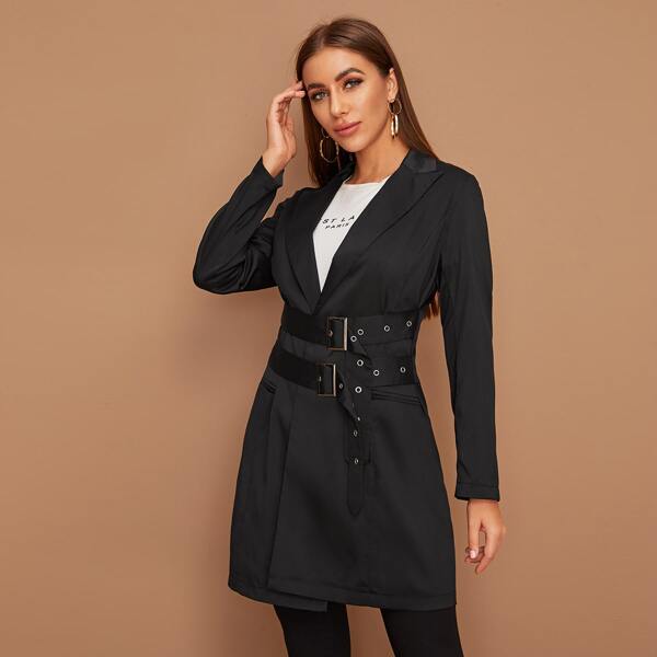 

Solid Double Buckle Belted Blazer, Black
