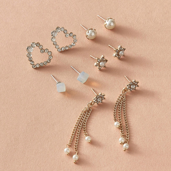 

5pairs Rhinestone & Pearl Decor Earrings, Multicolor