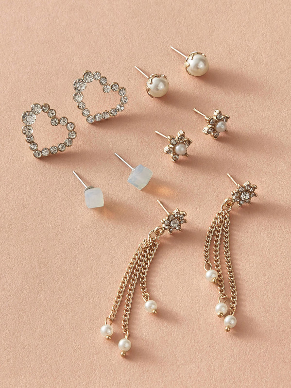

5pairs Rhinestone & Pearl Decor Earrings, Multicolor