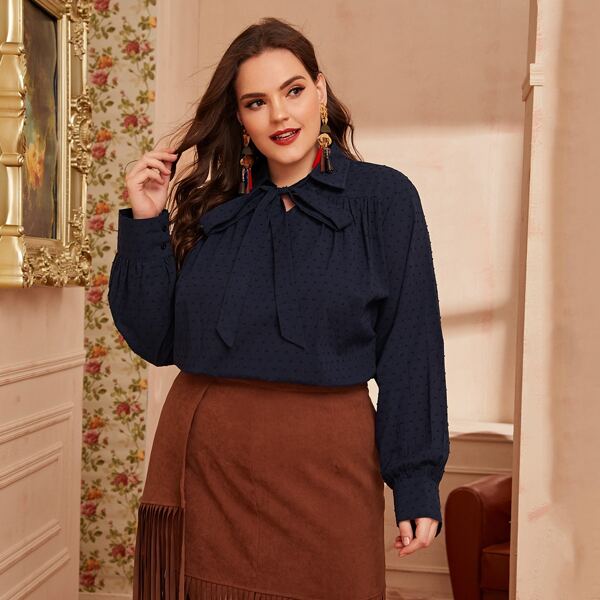 

Plus Swiss Dot Tie Neck Blouse, Navy