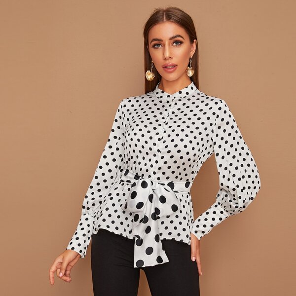 

Polka Dot Self Tie Button Up Chiffon Blouse, Black and white