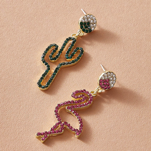 

1pair Rhinestone Decor Cactus & Flamingo Drop Earrings, Multicolor