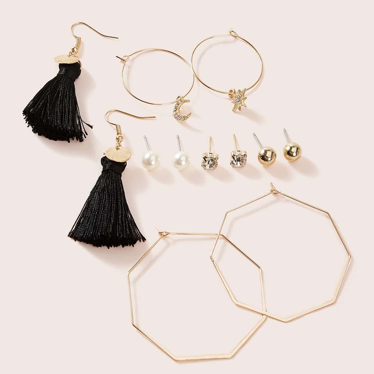 

6pairs Rhinestone & Pearl Decor Earrings, Gold