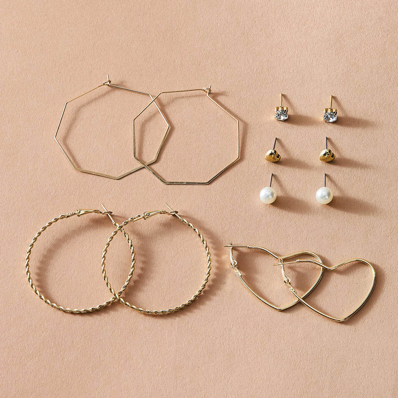 

6pairs Rhinestone & Pearl Decor Earrings, Gold