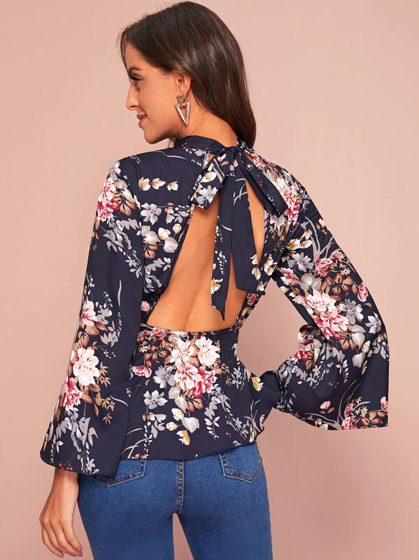 

Open Back Tie Detail Peplum Blouse, Multicolor, Mary P.